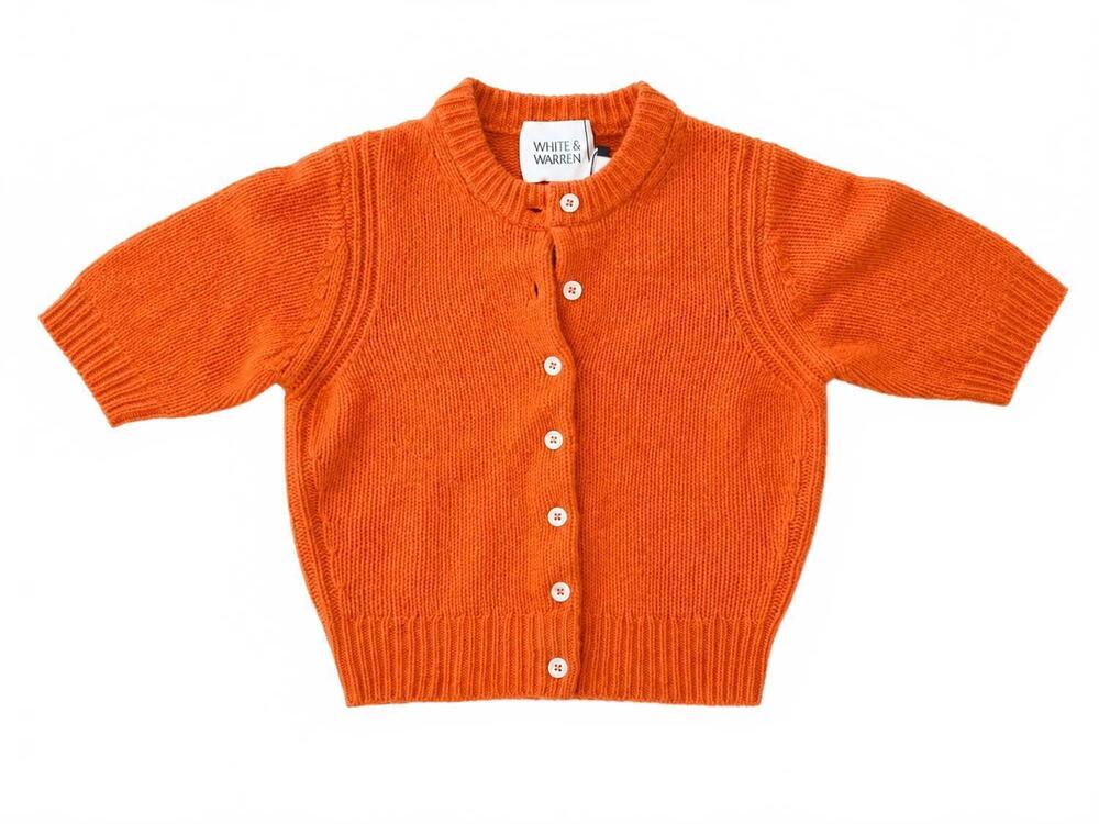 NEW WHITE + WARREN cashmere short sleeve cardigan in saffron